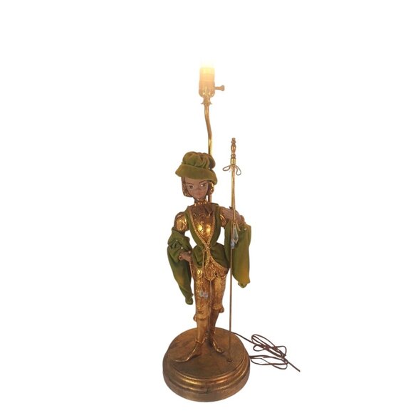Vtg 40" MCM Italian Pixie Elf Statue Table Floor Lamp Torchiere Green Gold Leaf - Picture 4 of 16